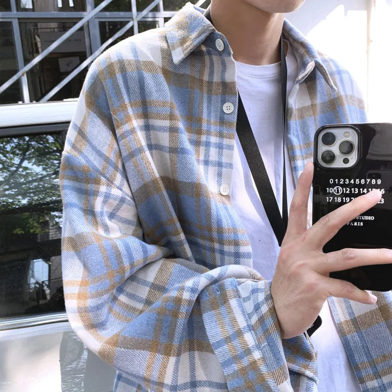 Chemise longue oversize rétro à carreaux en laine