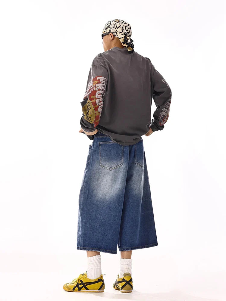 Short en jean vintage bleu brossé à jambes larges