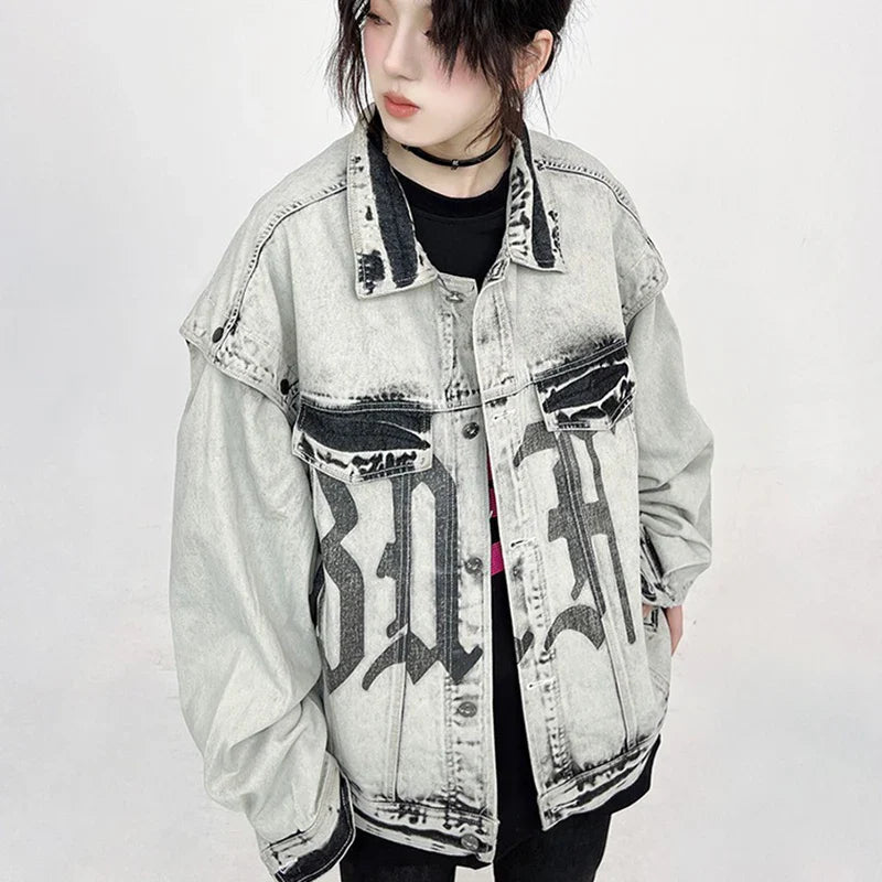 Veste en jean oversize gris délavé à motif lettrage