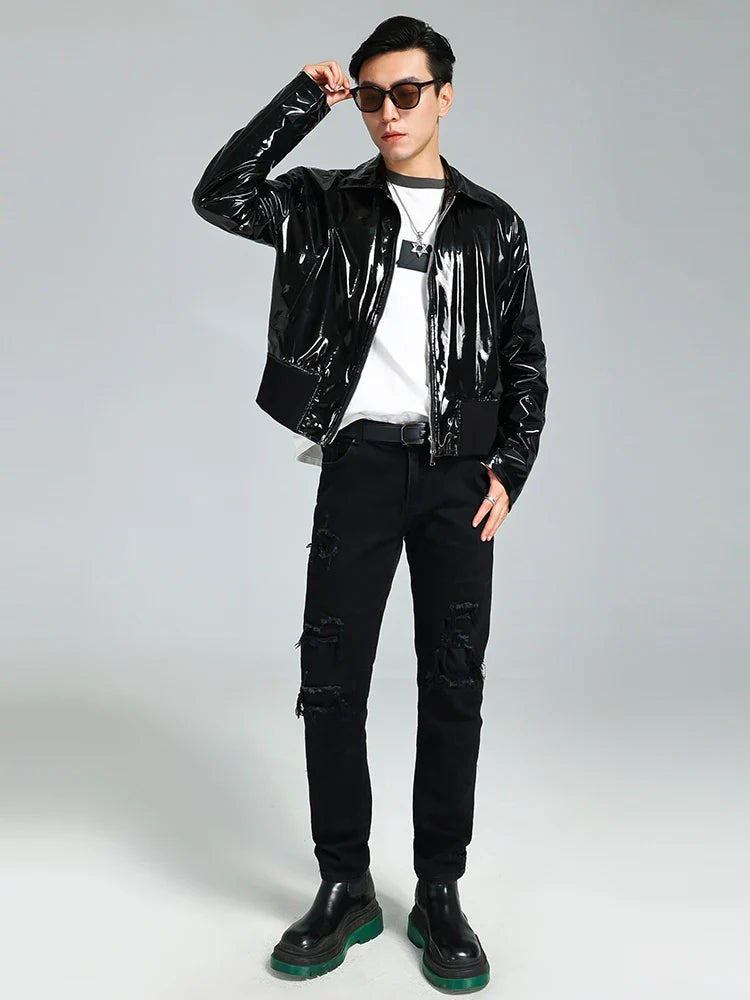 Schwarze, glänzende, reflektierende Lacklederjacke aus PU-Leder