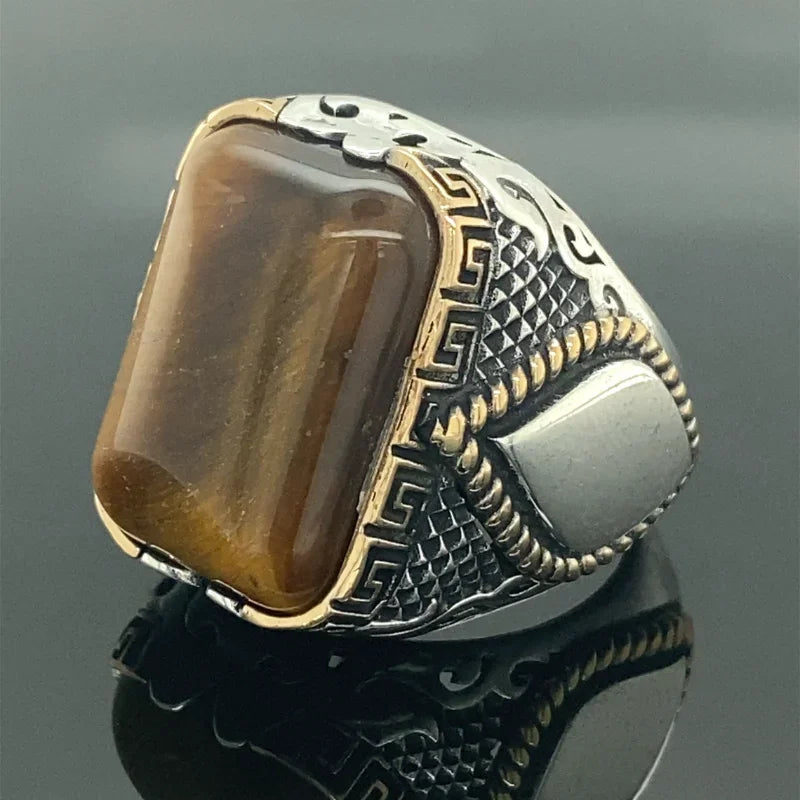 Men Yellow Black Stone Carved Silver Ring