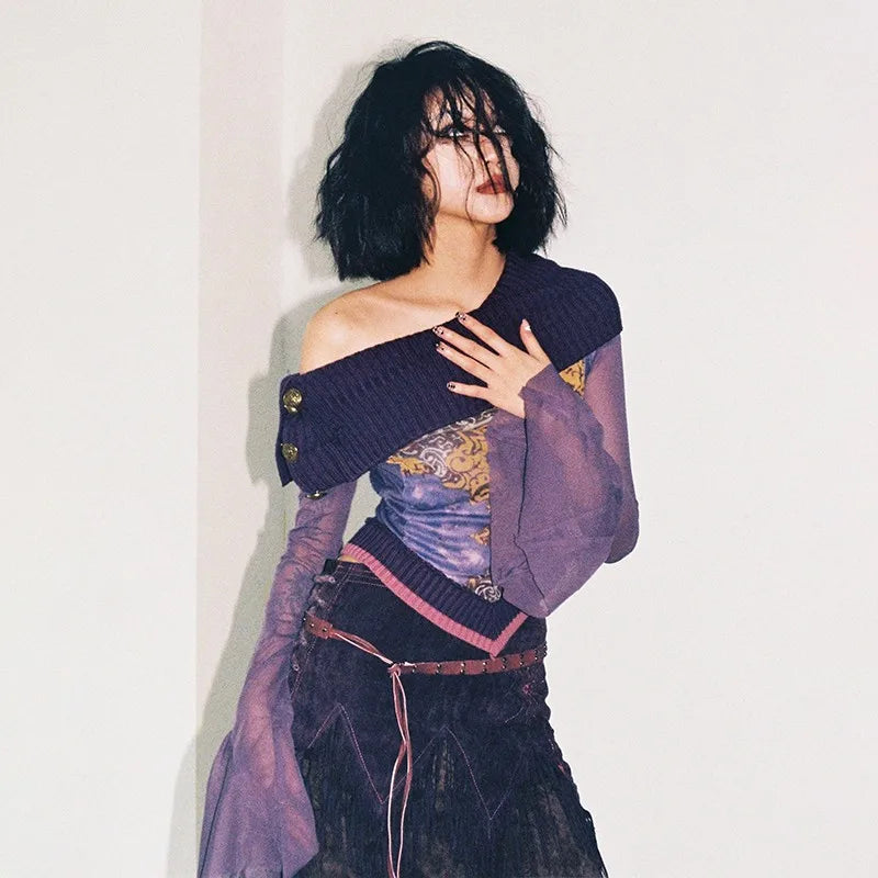 T-shirt japonais Y2K à épaules dénudées en maille