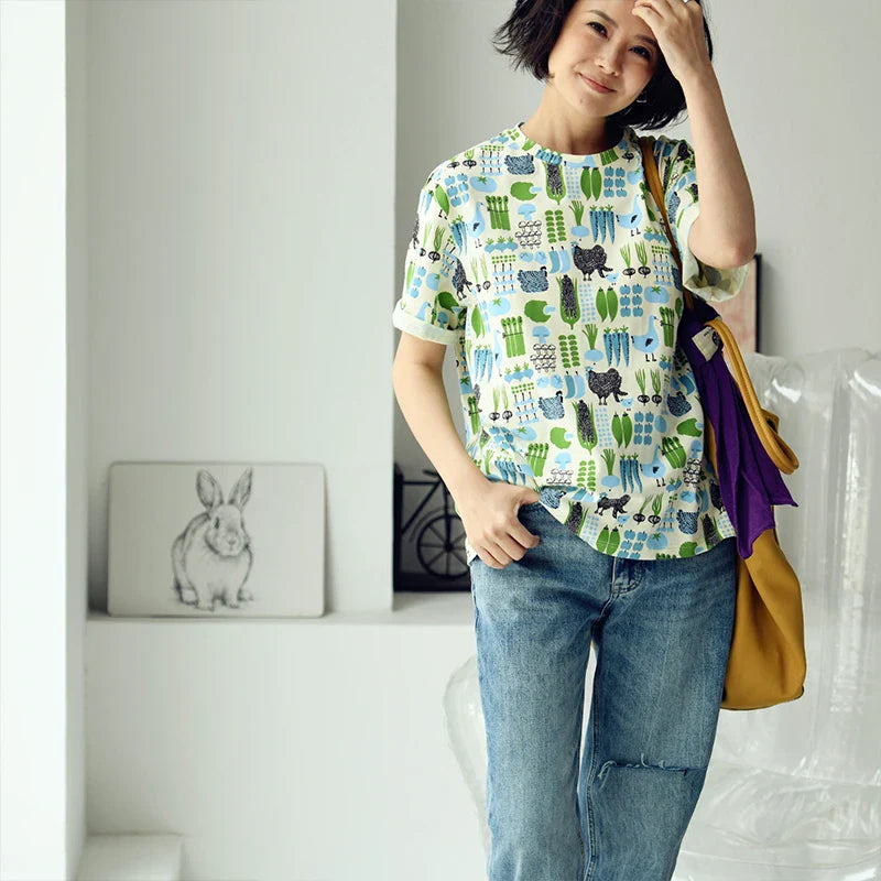 Fresh Literary Style Cartoon Print T-Shirt