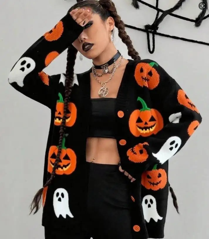 Gemütliche Strickjacke mit Halloween-Kürbismuster