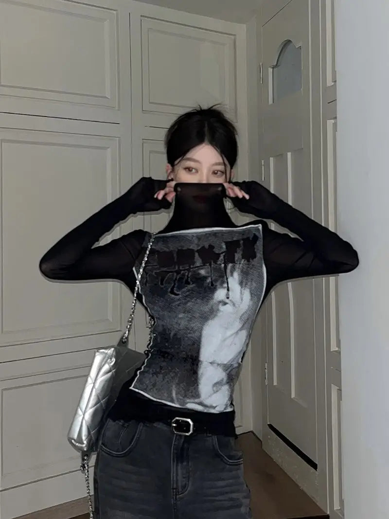 Vintage Mesh High Neck Long T-Shirt