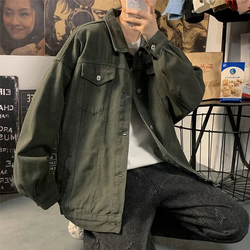 Veste en jean coréenne verte classique, confortable et tendance