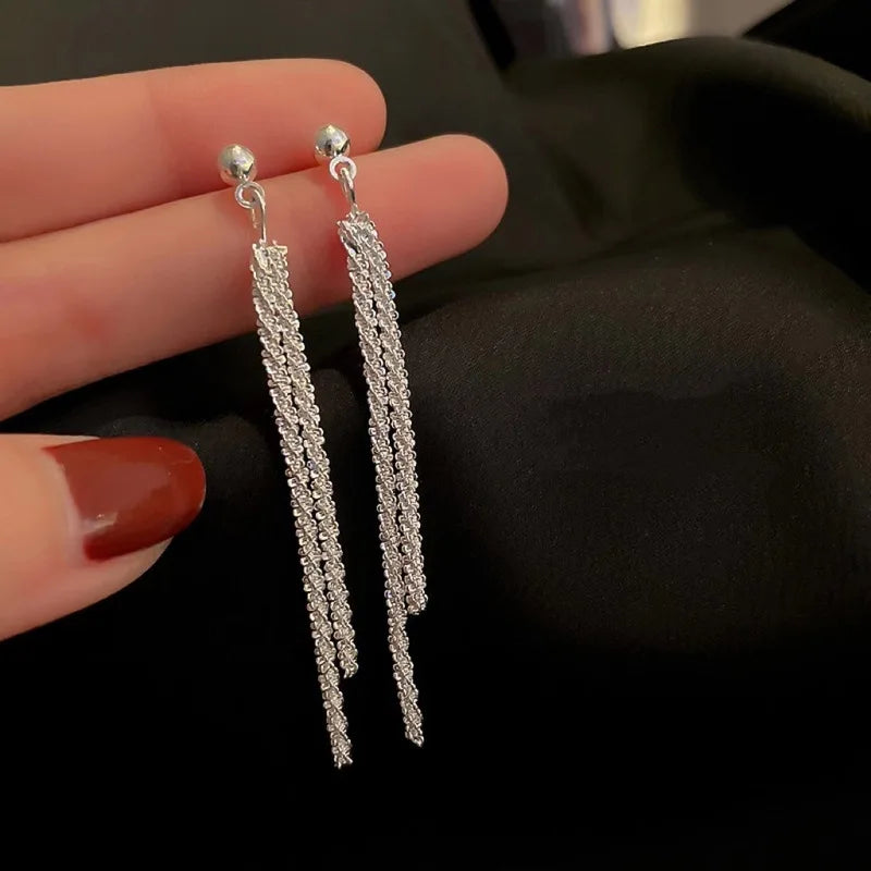 Boucles d'oreilles longues tendance et chics à pompons argentés