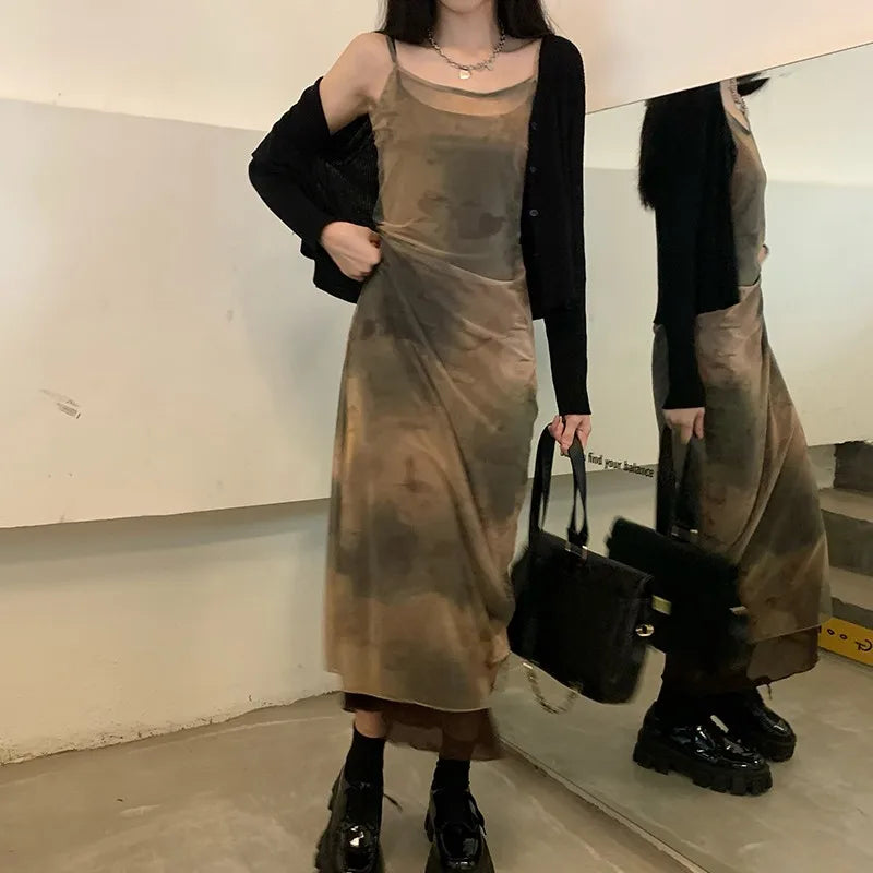 Grunge Y2K Batik-Mesh-Damenkleid