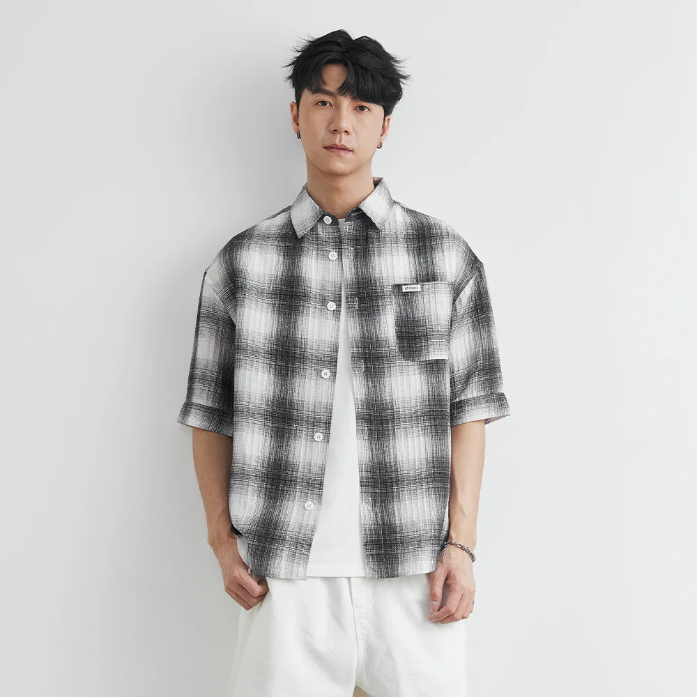 Chemise à carreaux brodée élégante et décontractée à manches courtes