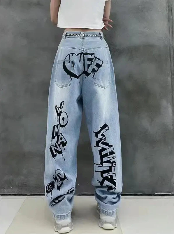 Damen High Waist Graffiti Wide Leg Jeans