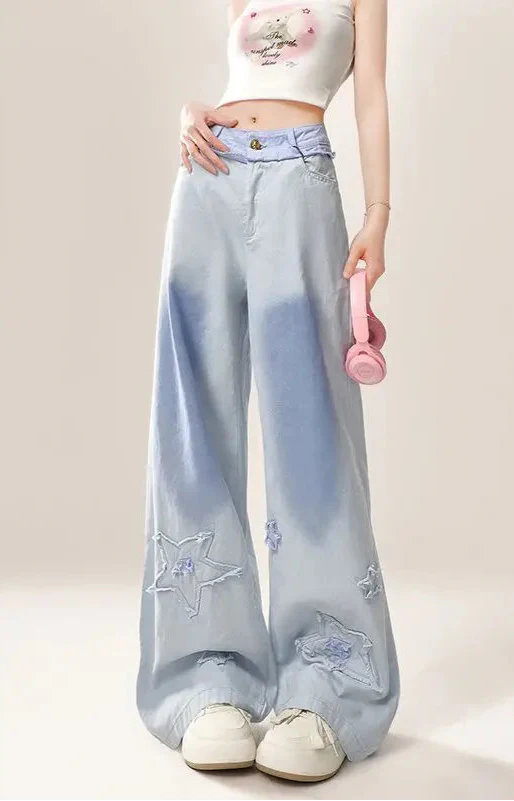 Stylische Jeans mit koreanischem Patchwork-Design, Knopf und Reißverschluss