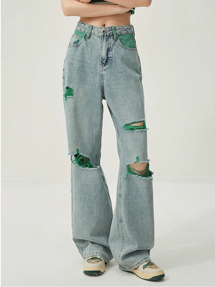 High Waist Wide Leg Distressed Ripped Jeans