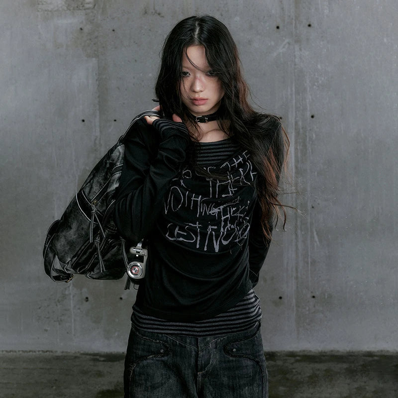 T-shirt long à imprimé lettres style grunge