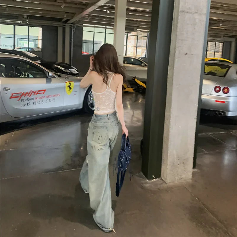 Vintage-Jeans im amerikanischen Stil mit niedrigem Bund und Rissen