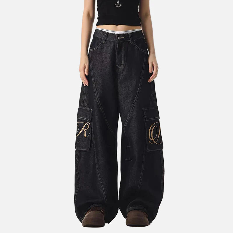 Streetwear Dunkelblaue Y2K-Waschung Weitbein-Cargojeans
