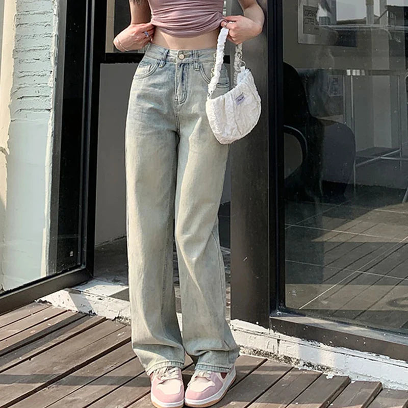 Retro-Jeans mit Used-Look, hohem Bund und weitem Bund