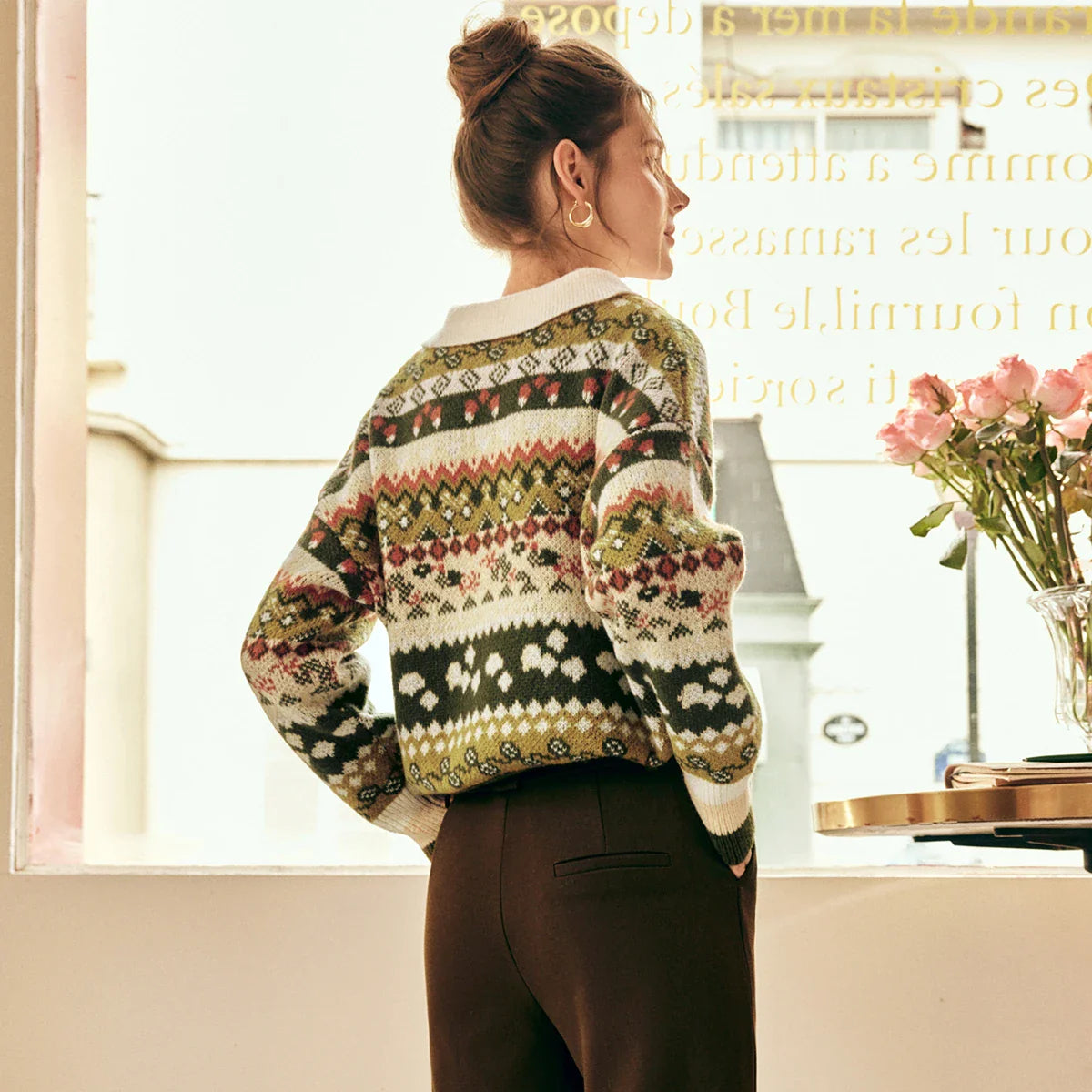 Damen Vintage Olivgrüner Strickpullover