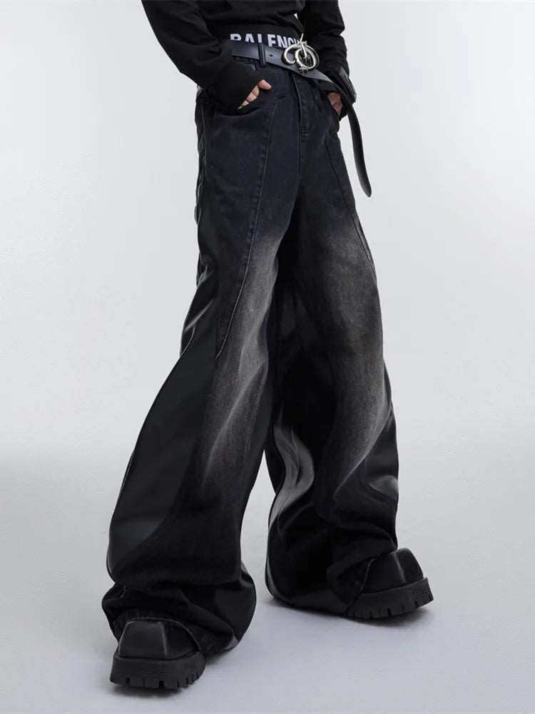 Jeans baggy rouges patchwork streetwear à jambes larges