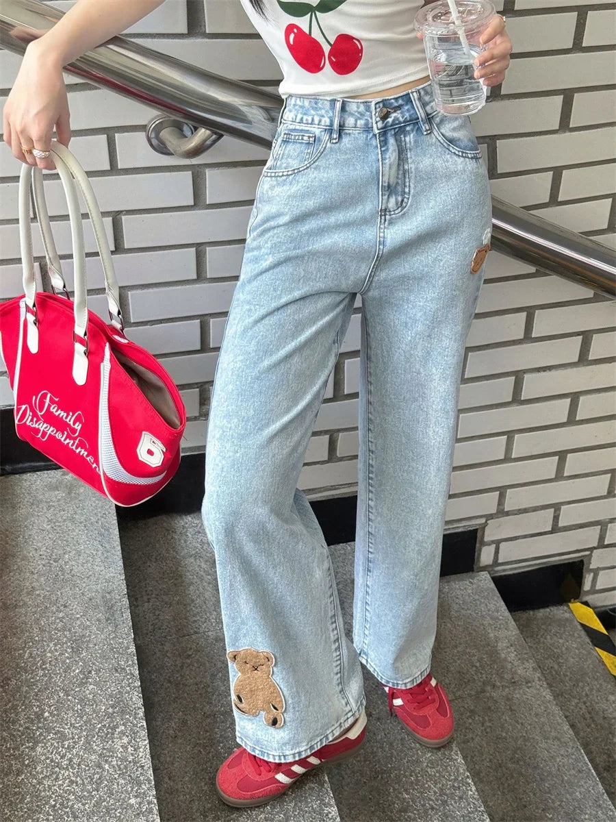 Koreanische Vintage-Jeans mit Stickerei und hohem Bund
