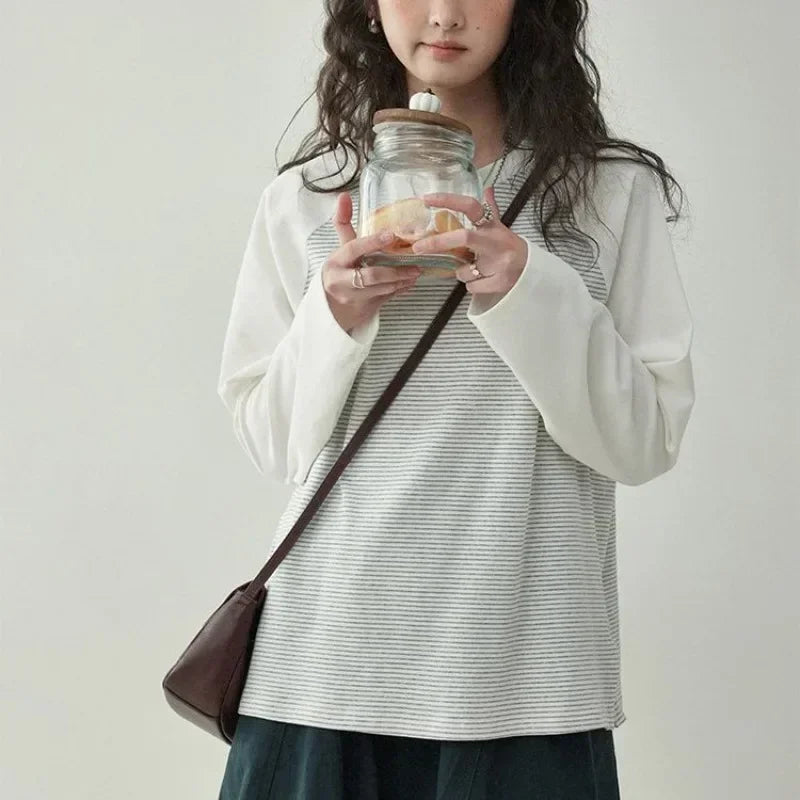 Y2K Japanischer Patchwork-Streifen-Sweatshirt, locker geschnitten