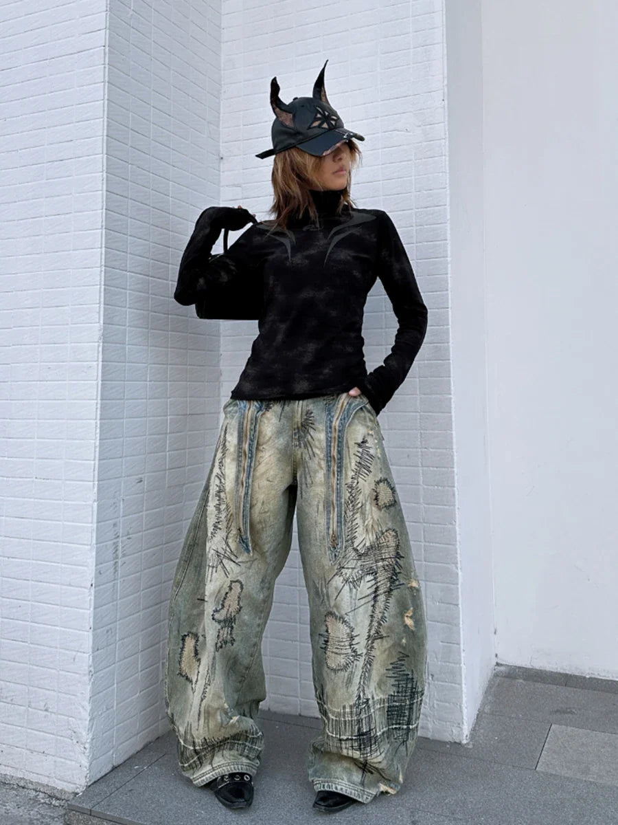 Boyfriend Vintage bestickte coole Baggy Jeans