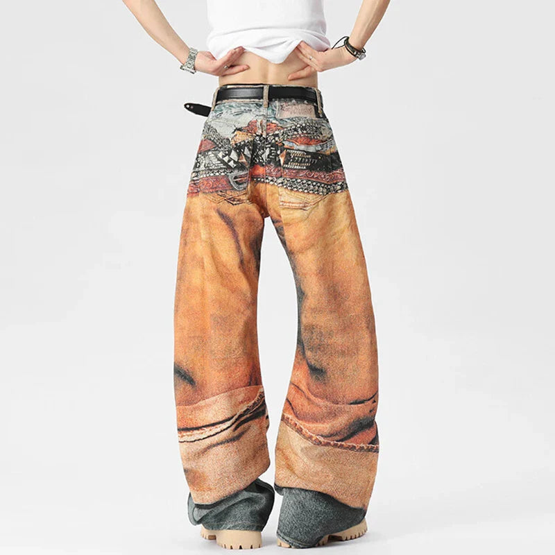 Original Pattern Loose Casual Wide Leg Jeans