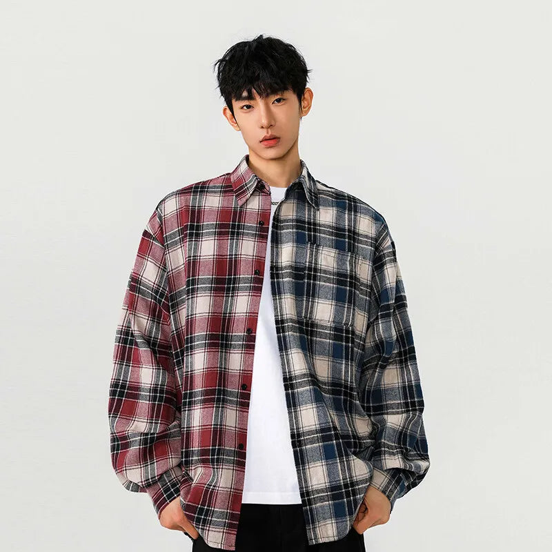 Chemise longue en coton patchwork à carreaux bicolores style streetwear