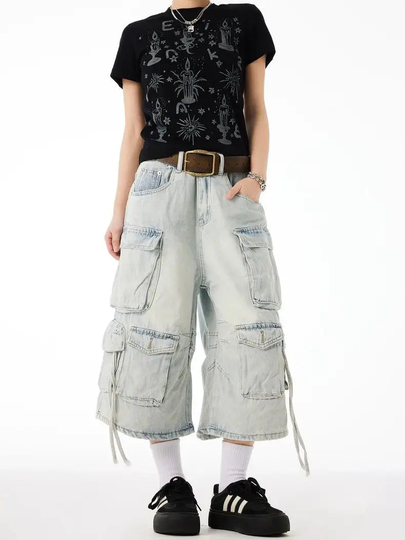 Short en jean ample vintage délavé, longueur mollet