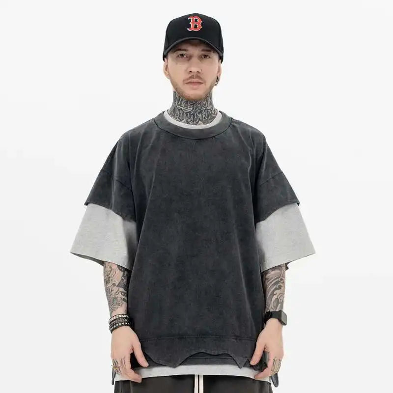 High Street T-Shirt aus Baumwolle mit Used-Look und Patchwork-Design
