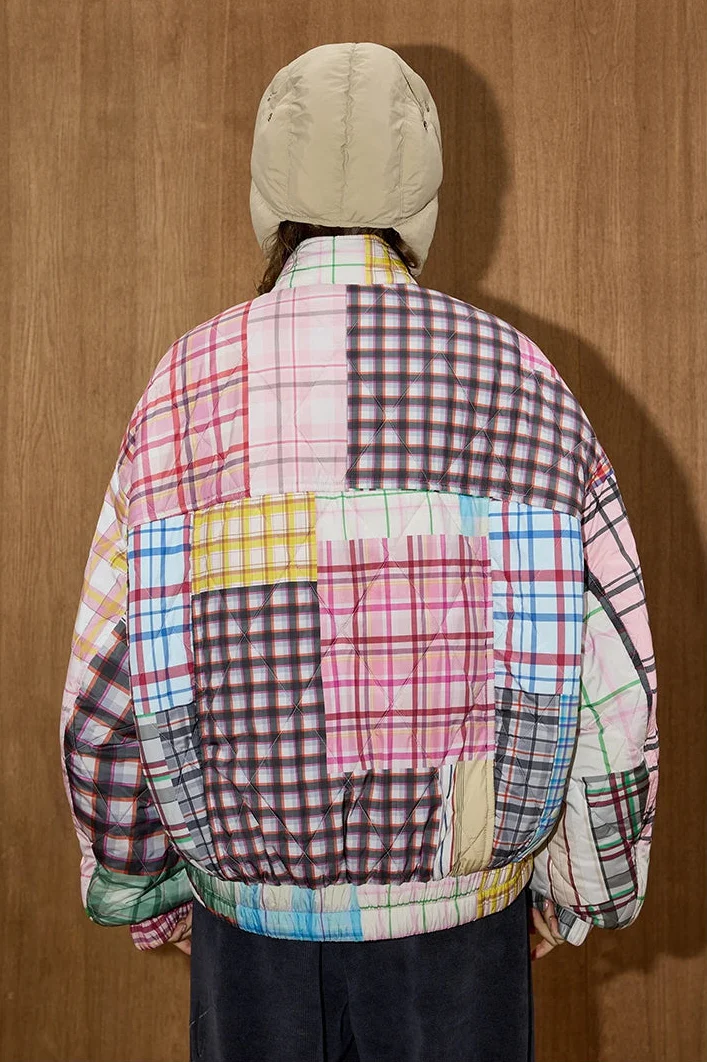 Y2K Color Block Plaid Casual Steppjacke