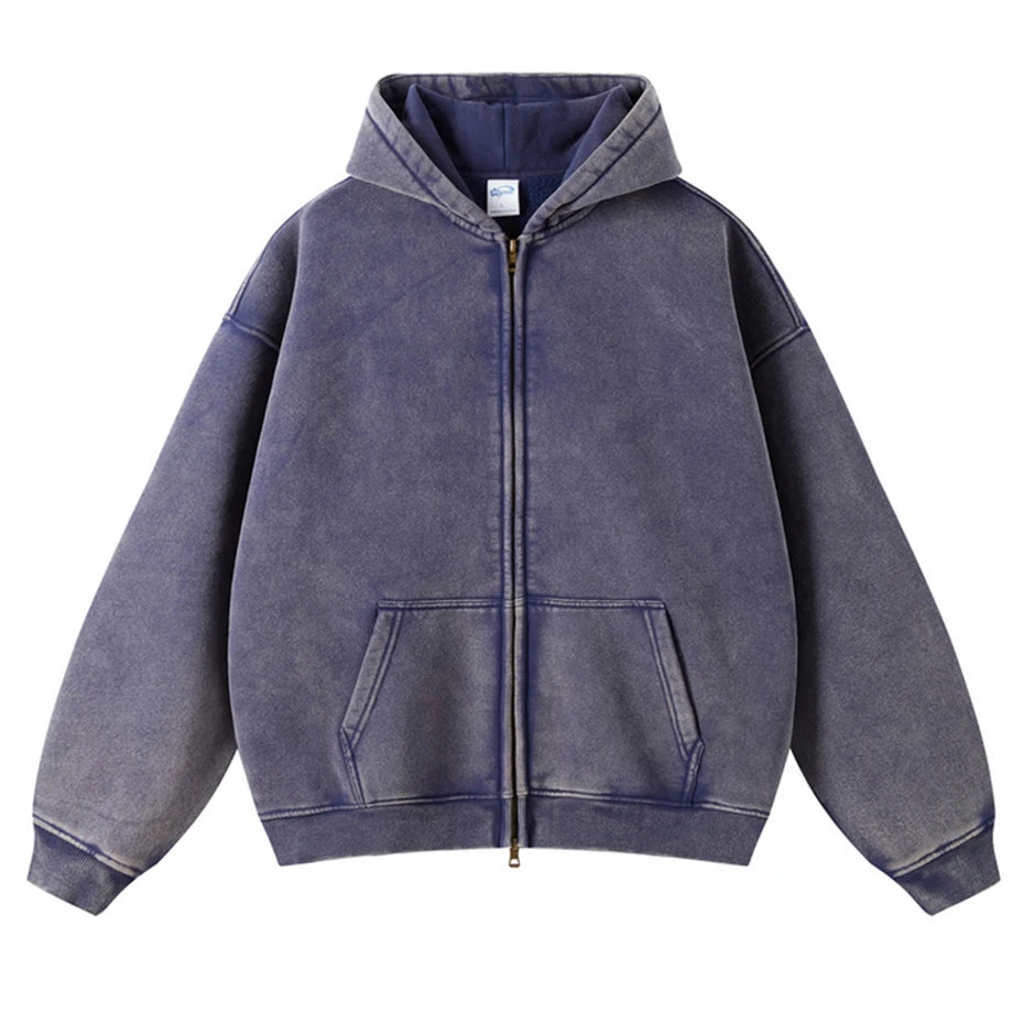 Sweat à capuche zippé vintage délavé pour homme