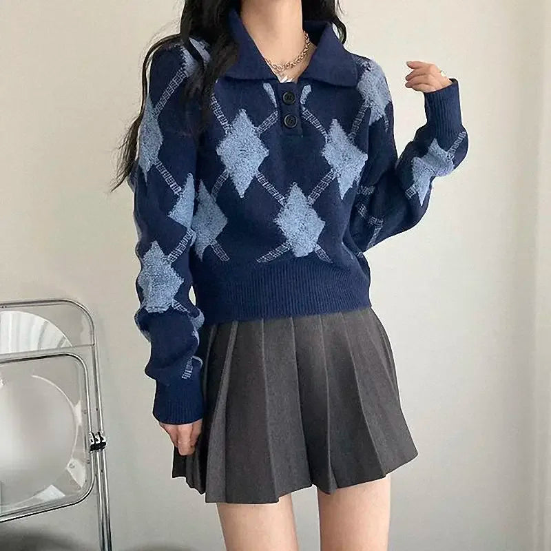 Vintage Ulzzang Pullover mit Umlegekragen