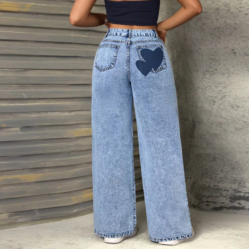 Y2K Jeans mit Herzmuster, mittelhoher Bund, lässige Passform