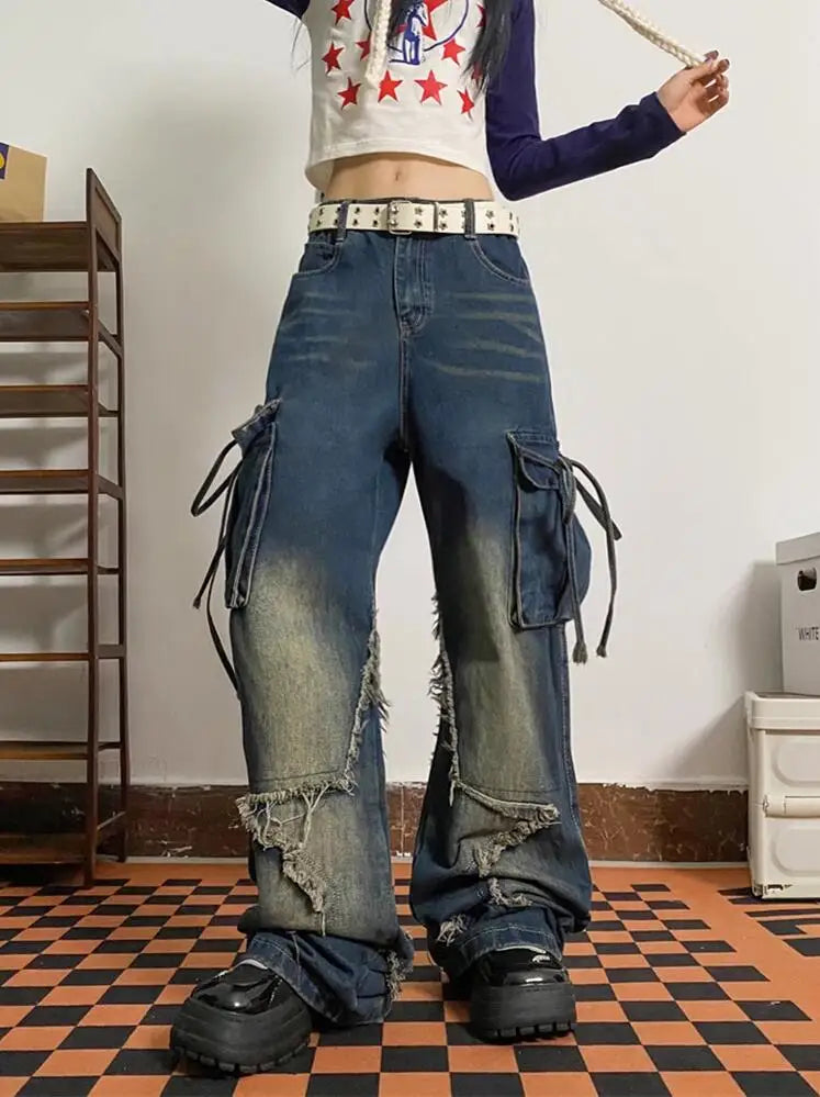 Jean rétro vintage à lacets taille haute pour femme