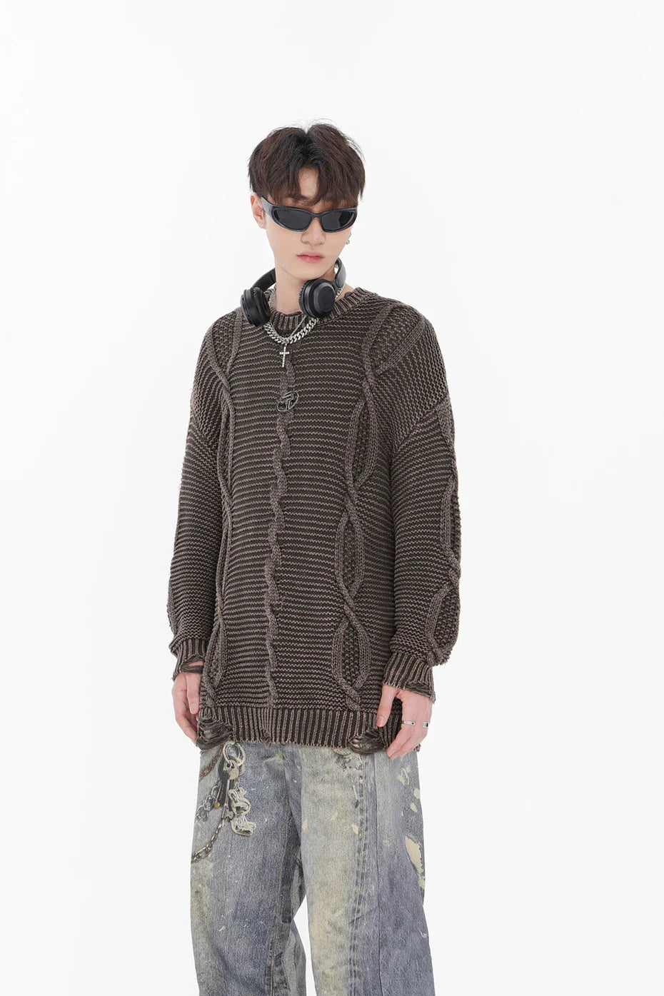 Zopfmuster-Strickpullover