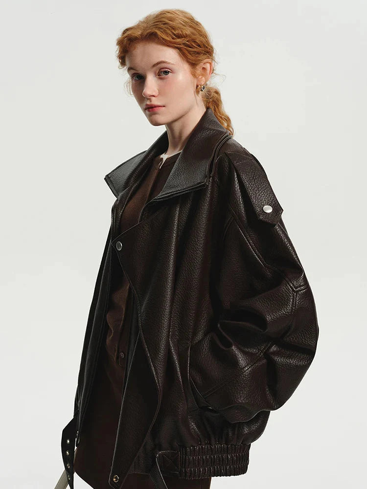 Luxuriöse braune Oversize-Jacke aus PU-Leder
