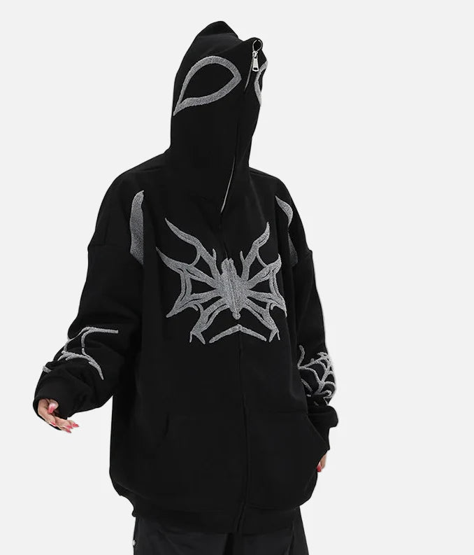 Gothic-Kapuzenpullover mit Spinnennetz-Print und Reißverschluss