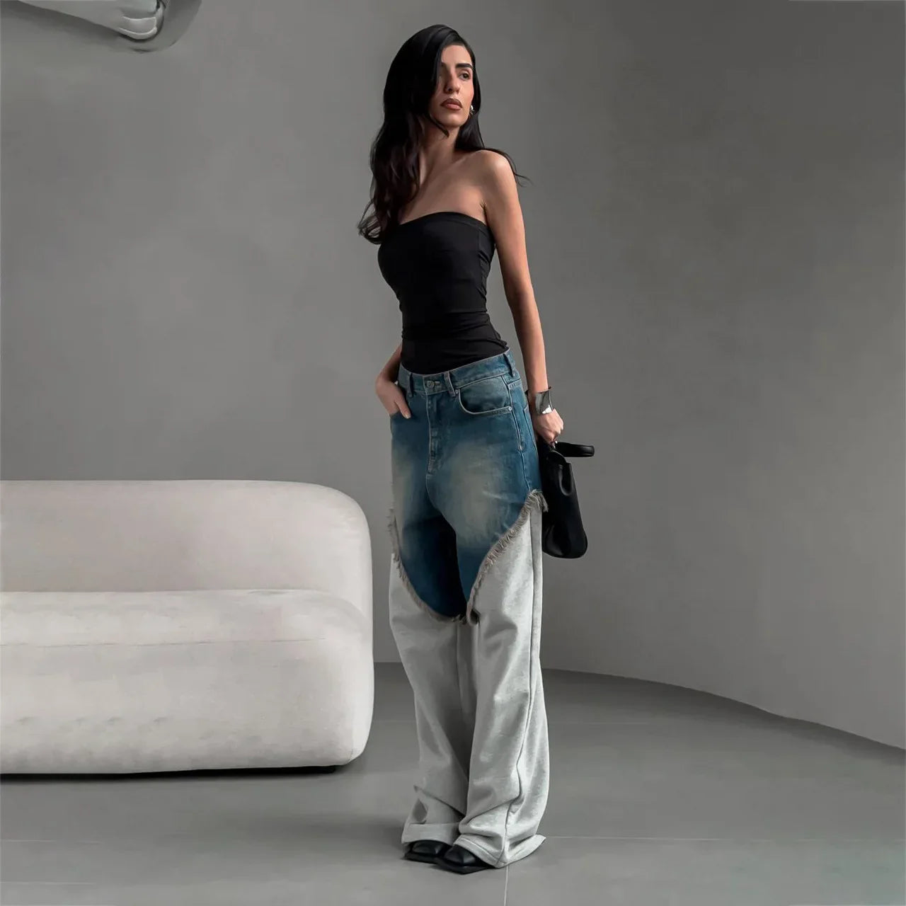 Jeans mit Used-Look und Patchwork-Muster, weit geschnitten
