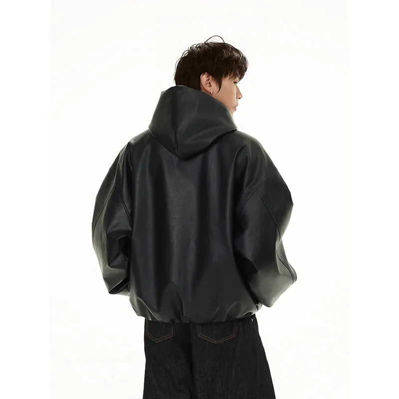 blouson bomber vintage classique à capuche en cuir PU