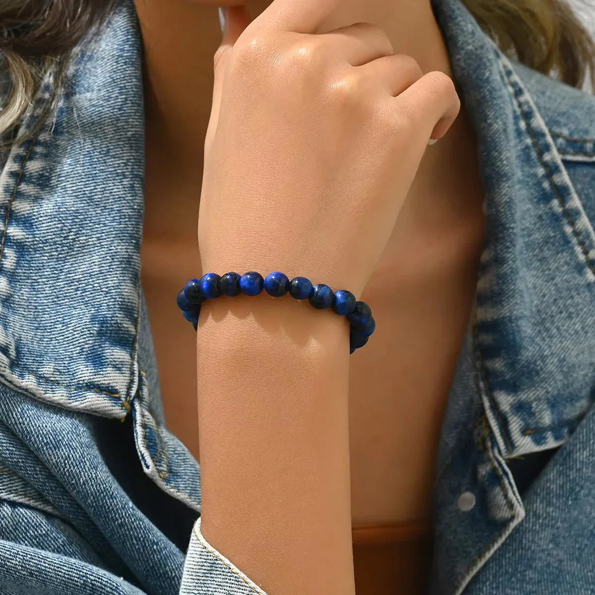Bracelet vintage en perles œil de tigre bleu