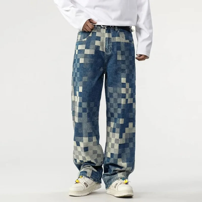 Jeans imprimés à damier mosaïque vibrante