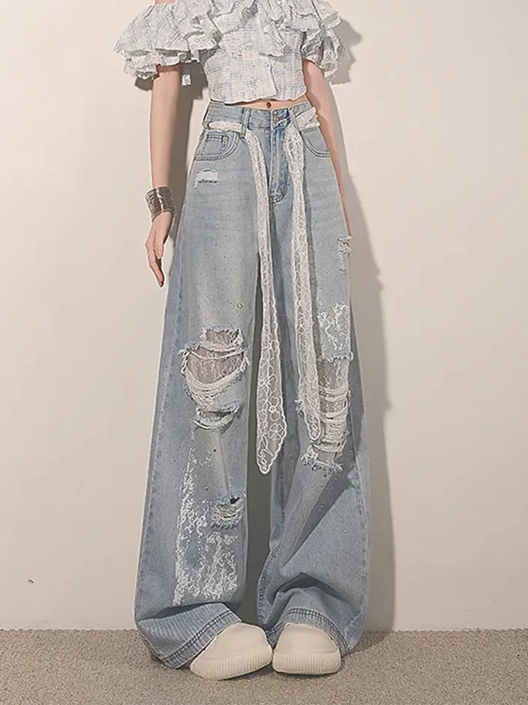 Women High Waist Ripped Lace Patchwork Jeans