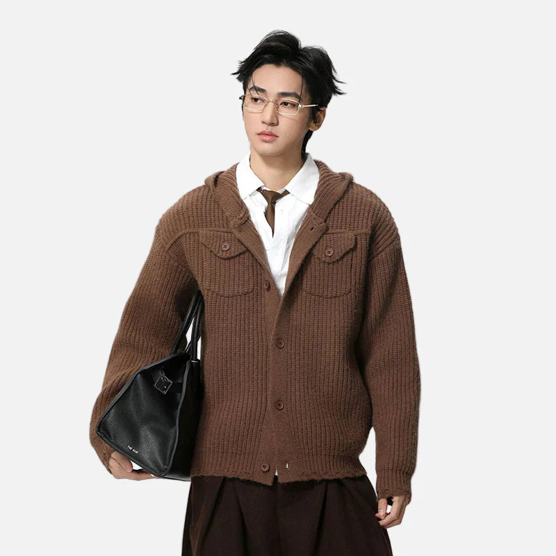 Strickjacke mit Fransenmuster, dick gestrickt, mit Kapuze