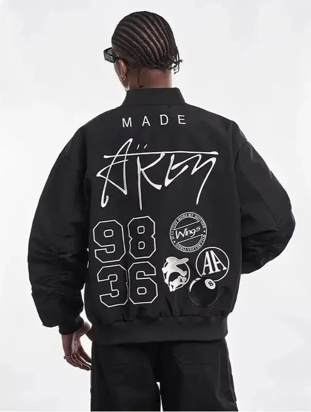 Schwarze Herren-Pilotenjacke im Hip-Hop-Vintage-Stil mit Stickerei