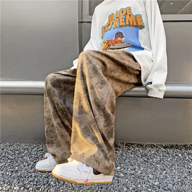 Streetwear Cordhose mit Blumenmuster und weitem Bein