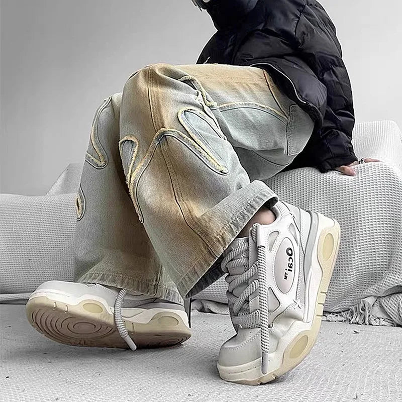 Streetwear Washed Blue Baggy Stack Jeans