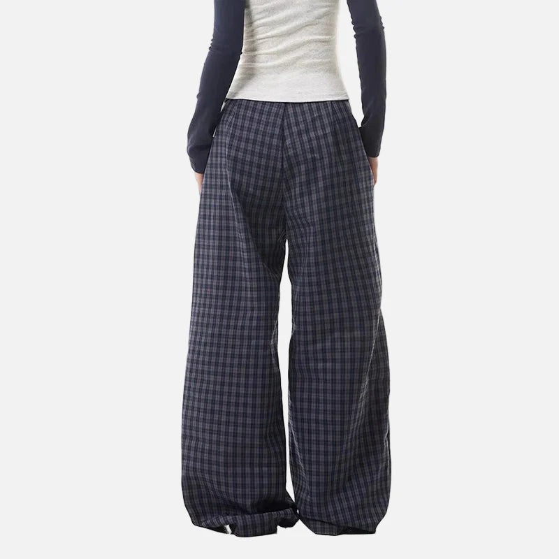 Hochwertige, blau karierte Hose mit hohem Bund und weitem Bein im Y2K-Stil