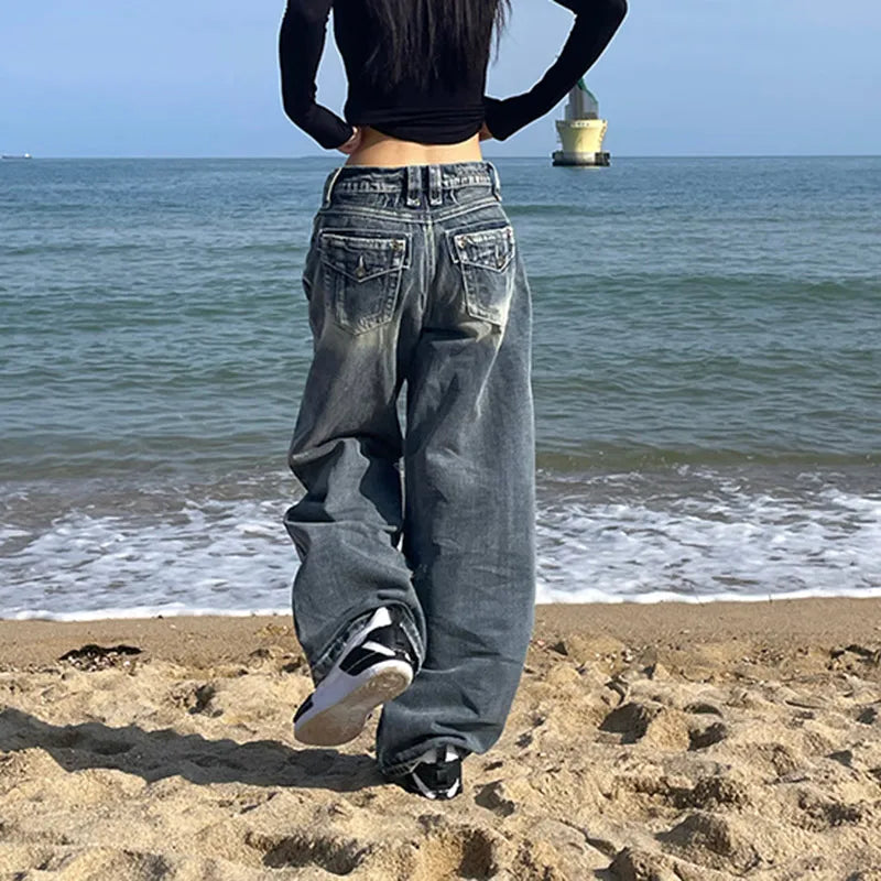 Vielseitige Streetwear-Jeans in Blau mit hohem Bund und weitem Bein