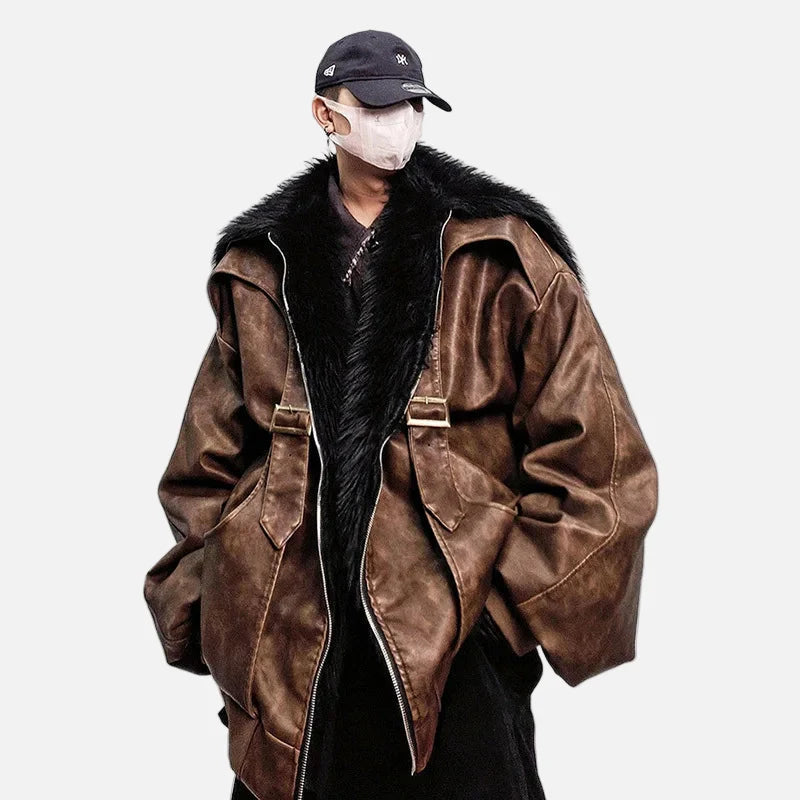 Luxuriöse, hochwertige Kapuzenjacke aus Kunstpelz und Leder