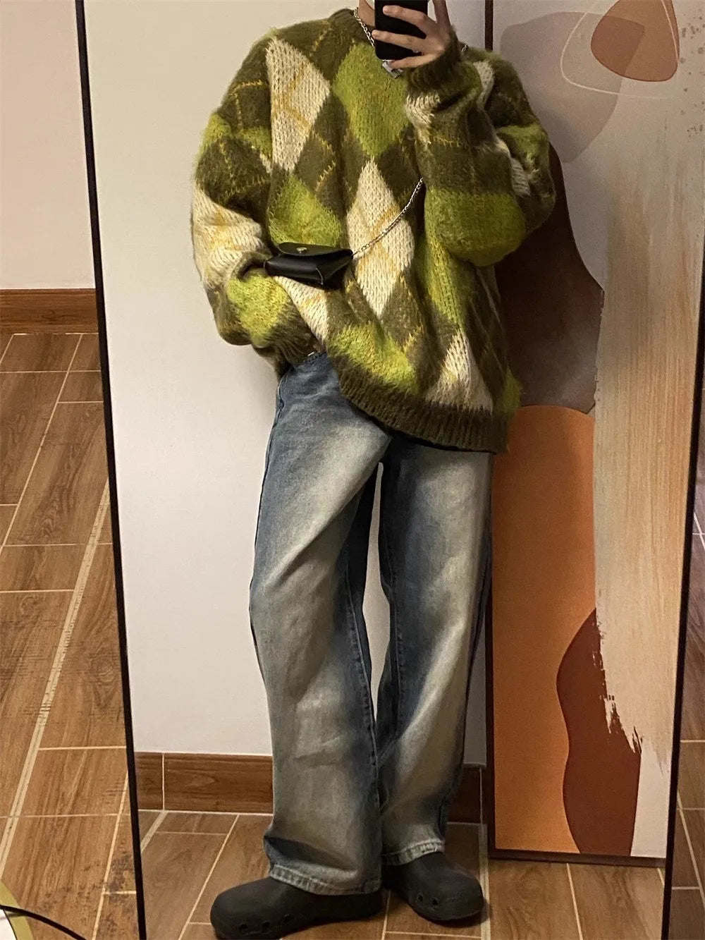 Pull en maille rétro confortable à col rond style années 2000